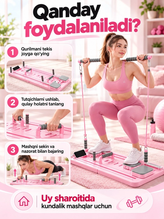 Uy uchun trenajyor, qo‘l, oyoq va butun tana uchun buklanadigan fitnes platformasi