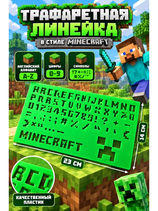 Трафарет для рисования Minecraft, алфавит, цифры и символы, пластиковый, 23×14 см