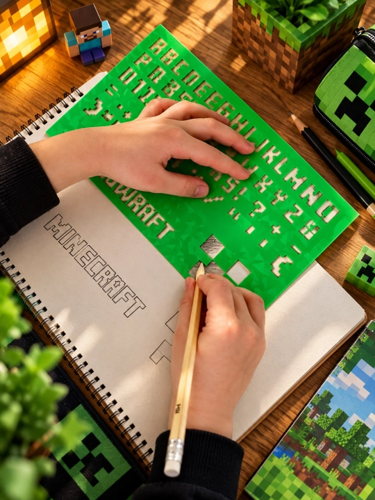 Трафарет для рисования Minecraft, алфавит, цифры и символы, пластиковый, 23×14 см