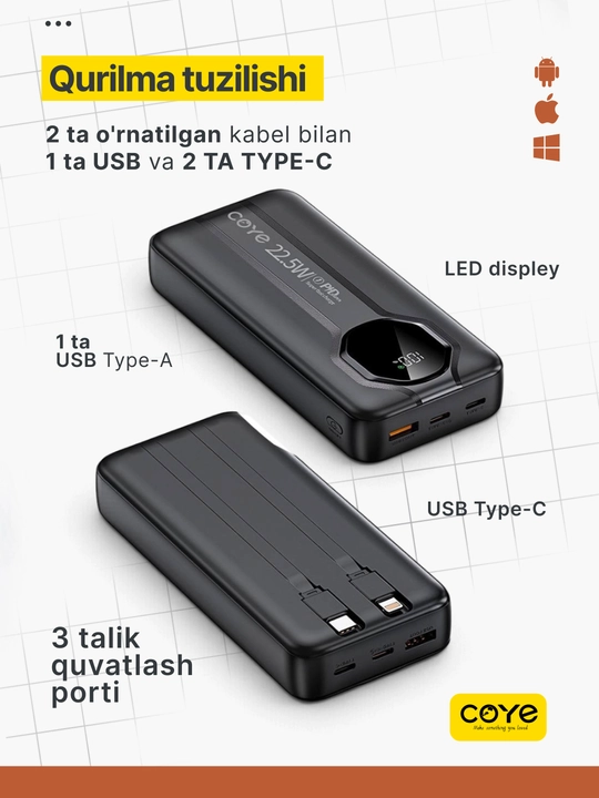 Tashqi akkumulyator PowerBank 20000–30000 mAh, 22.5W, tez zaryadlash, 2 ta ichki kabel b-n