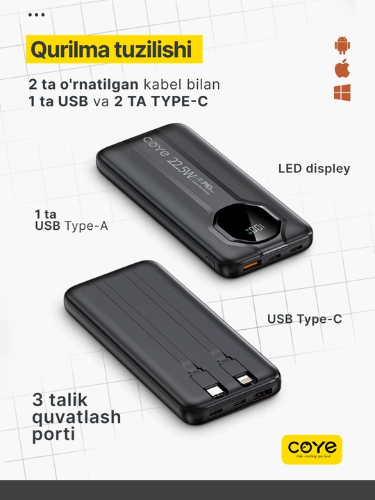 Tashqi akkumulyator PowerBank 20000–30000 mAh, 22.5W, tez zaryadlash, 2 ta ichki kabel b-n