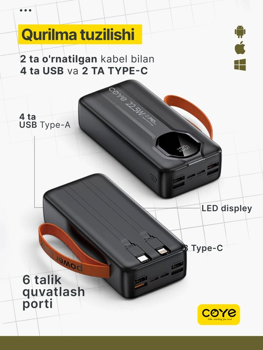 Tashqi akkumulyator PowerBank 20000–30000 mAh, 22.5W, tez zaryadlash, 2 ta ichki kabel b-n