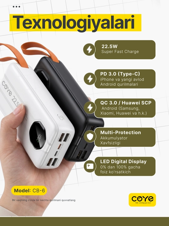 Tashqi akkumulyator PowerBank 20000–30000 mAh, 22.5W, tez zaryadlash, 2 ta ichki kabel b-n