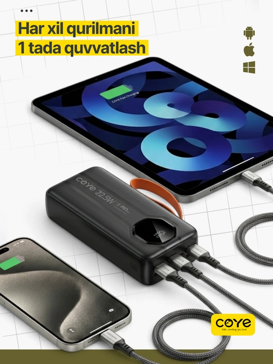 Tashqi akkumulyator PowerBank 20000–30000 mAh, 22.5W, tez zaryadlash, 2 ta ichki kabel b-n