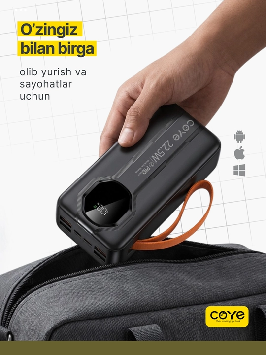 Tashqi akkumulyator PowerBank 20000–30000 mAh, 22.5W, tez zaryadlash, 2 ta ichki kabel b-n