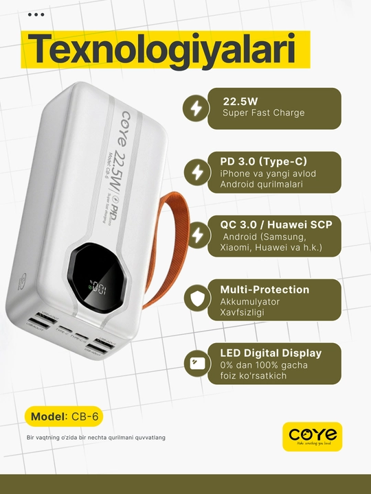 Tashqi akkumulyator PowerBank 20000–30000 mAh, 22.5W, tez zaryadlash, 2 ta ichki kabel b-n