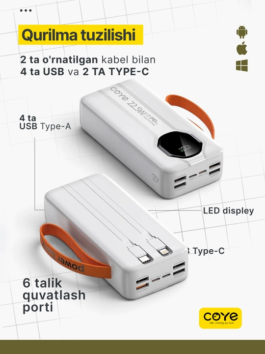 Tashqi akkumulyator PowerBank 20000–30000 mAh, 22.5W, tez zaryadlash, 2 ta ichki kabel b-n
