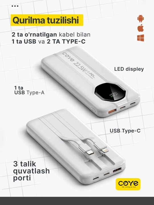 Tashqi akkumulyator PowerBank 20000–30000 mAh, 22.5W, tez zaryadlash, 2 ta ichki kabel b-n