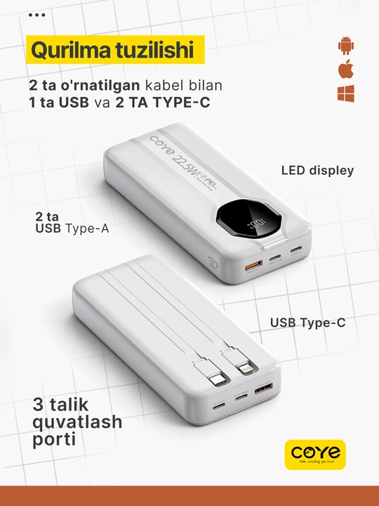 Tashqi akkumulyator PowerBank 20000–30000 mAh, 22.5W, tez zaryadlash, 2 ta ichki kabel b-n