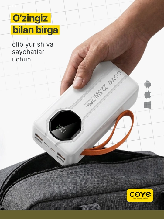 Tashqi akkumulyator PowerBank 20000–30000 mAh, 22.5W, tez zaryadlash, 2 ta ichki kabel b-n