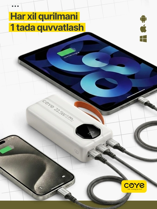 Tashqi akkumulyator PowerBank 20000–30000 mAh, 22.5W, tez zaryadlash, 2 ta ichki kabel b-n