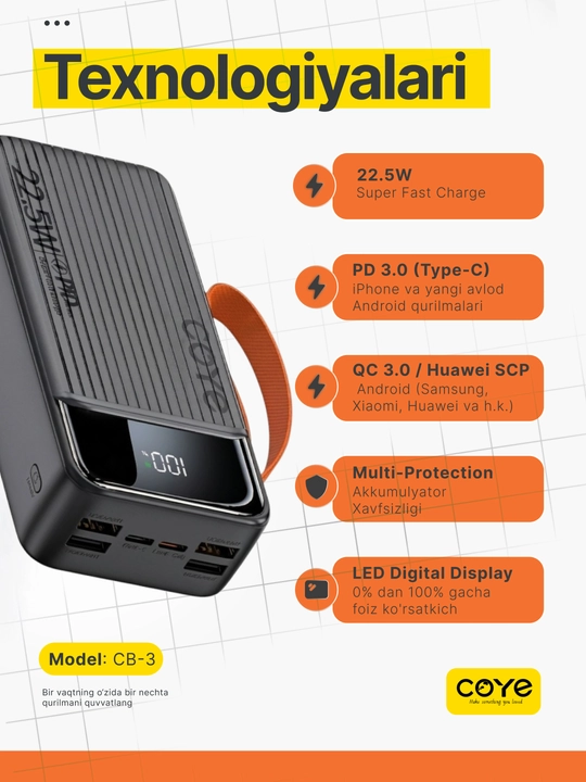 Tashqi akkumulyator Power Bank 20000–30000 mAh, 22.5W, 2 ta ichki kabel bilan