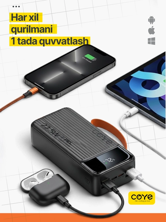 Tashqi akkumulyator Power Bank 20000–30000 mAh, 22.5W, 2 ta ichki kabel bilan