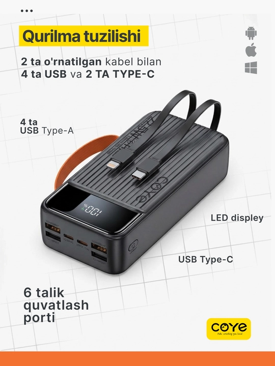 Tashqi akkumulyator Power Bank 20000–30000 mAh, 22.5W, 2 ta ichki kabel bilan