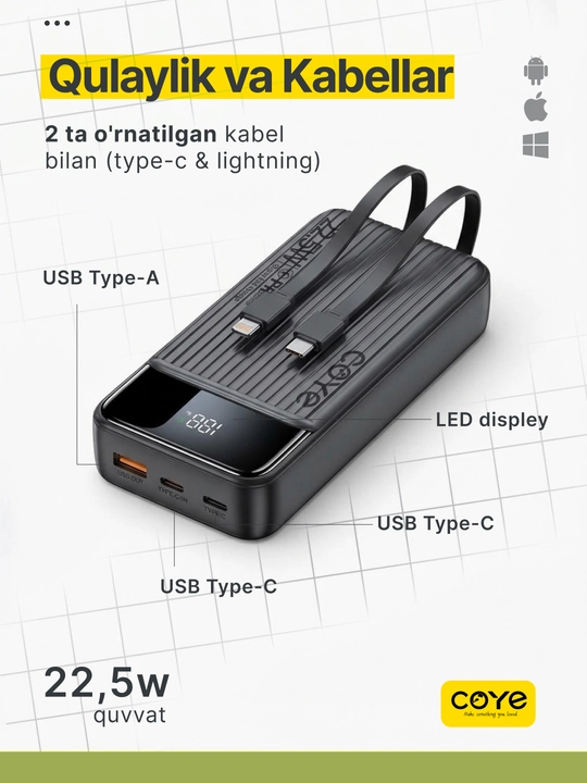 Tashqi akkumulyator Power Bank 20000–30000 mAh, 22.5W, 2 ta ichki kabel bilan
