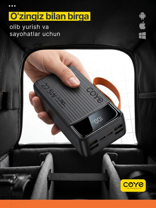 Tashqi akkumulyator Power Bank 20000–30000 mAh, 22.5W, 2 ta ichki kabel bilan
