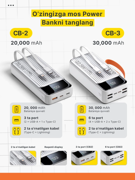 Tashqi akkumulyator Power Bank 20000–30000 mAh, 22.5W, 2 ta ichki kabel bilan