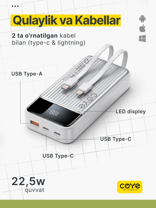 Tashqi akkumulyator Power Bank 20000–30000 mAh, 22.5W, 2 ta ichki kabel bilan