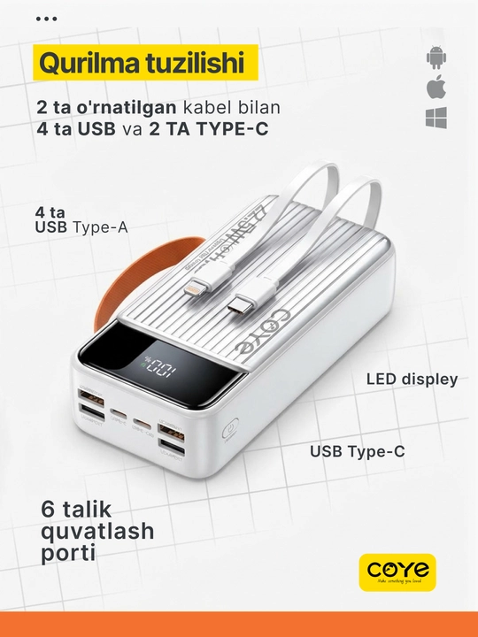 Tashqi akkumulyator Power Bank 20000–30000 mAh, 22.5W, 2 ta ichki kabel bilan