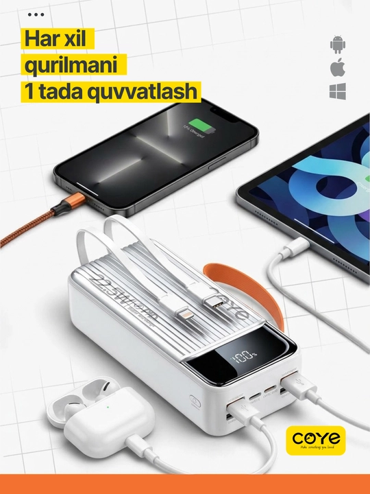 Tashqi akkumulyator Power Bank 20000–30000 mAh, 22.5W, 2 ta ichki kabel bilan