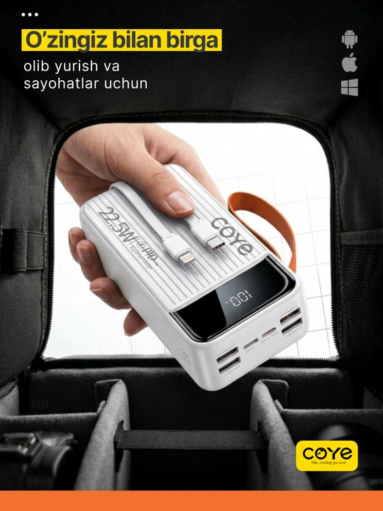 Tashqi akkumulyator Power Bank 20000–30000 mAh, 22.5W, 2 ta ichki kabel bilan
