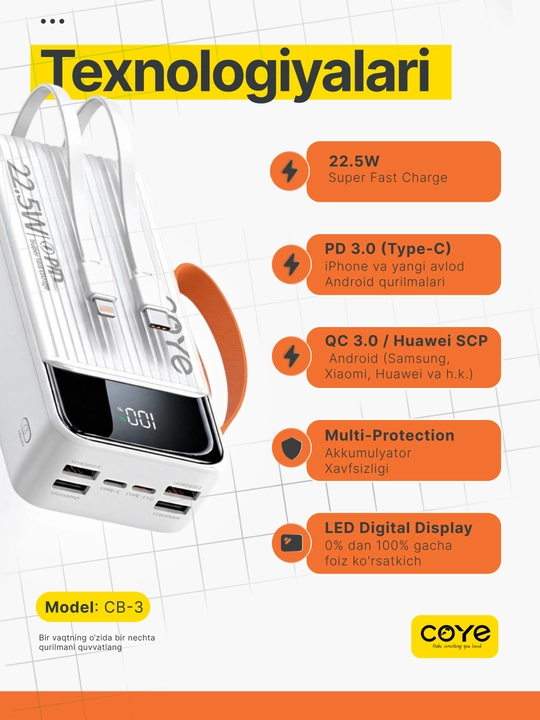 Tashqi akkumulyator Power Bank 20000–30000 mAh, 22.5W, 2 ta ichki kabel bilan
