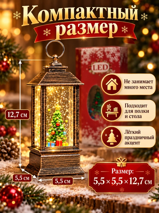 Qor yog‘ish effekti va LED yoritgichli yangi yil dekorativ fonari