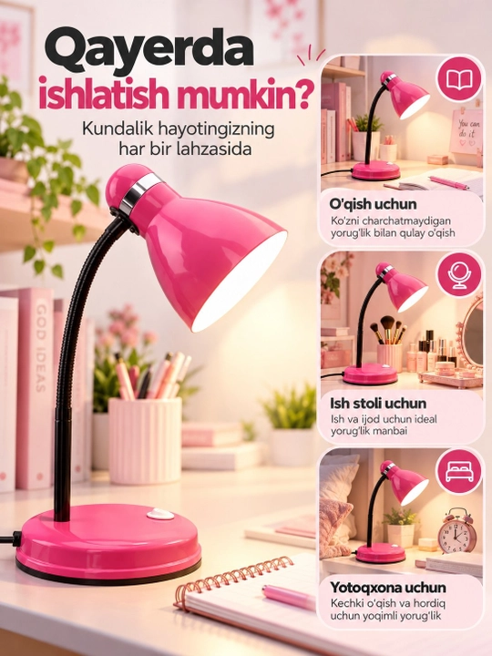 Stol lampasi, egiluvchan metall tutqichli stol chirog‘i, o‘qish va ish uchun, 3 rang