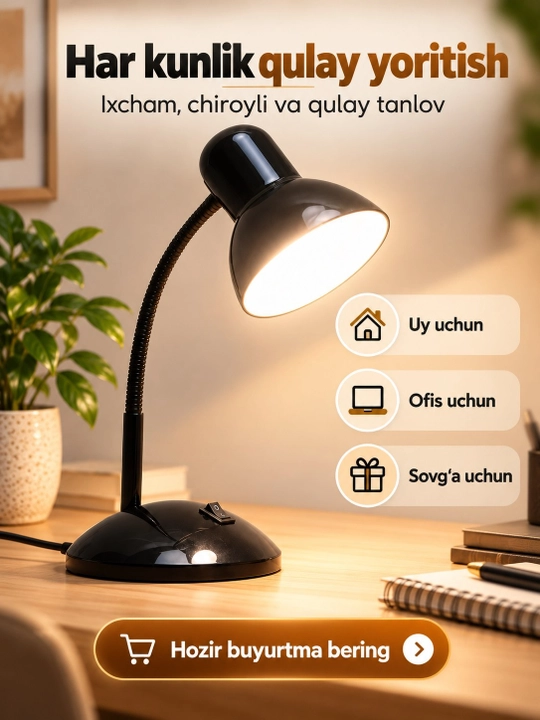 Stol lampasi, egiluvchan metall tutqichli stol chirog‘i, o‘qish va ish uchun, 3 rang