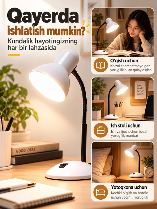 Stol lampasi, egiluvchan metall tutqichli stol chirog‘i, o‘qish va ish uchun, 3 rang