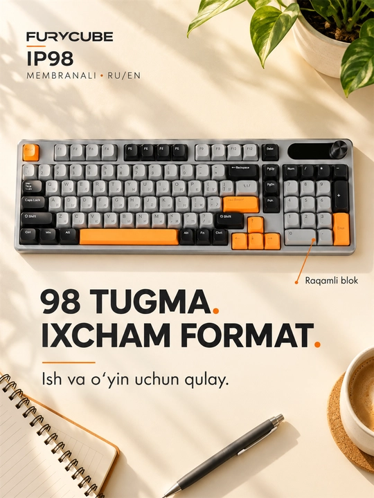 Geymerlar uchun FURYCUBE IP98 RGB membranali klaviatura, kompyuter va noutbuk uchun