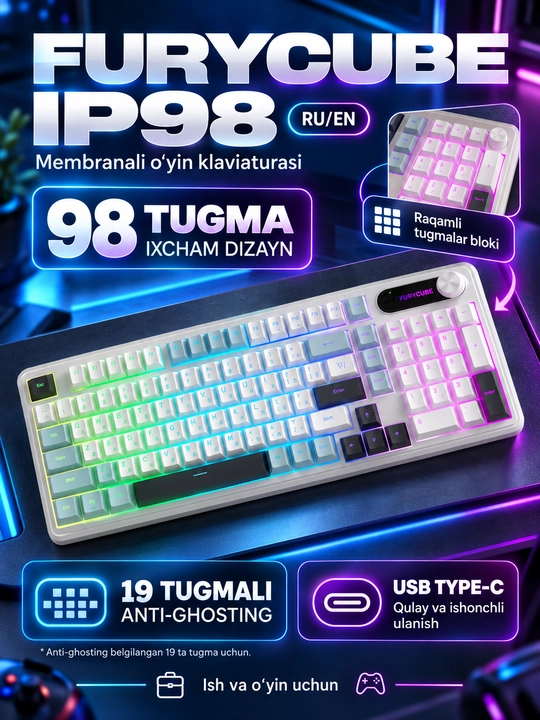Geymerlar uchun FURYCUBE IP98 RGB membranali klaviatura, kompyuter va noutbuk uchun