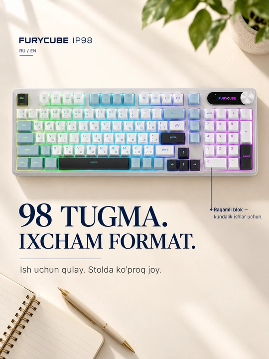 Geymerlar uchun FURYCUBE IP98 RGB membranali klaviatura, kompyuter va noutbuk uchun