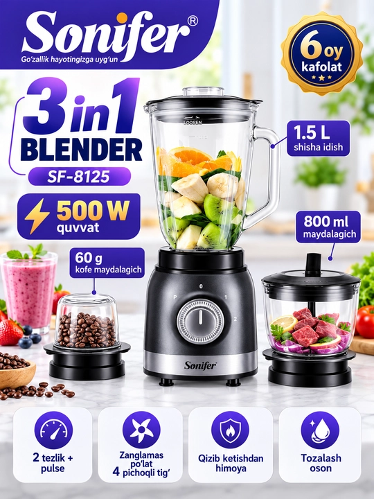 Sonifer SF-8125 3 ta 1 da statsionar blender, shisha kosacha, maydalagich va qahva maydalagich - 