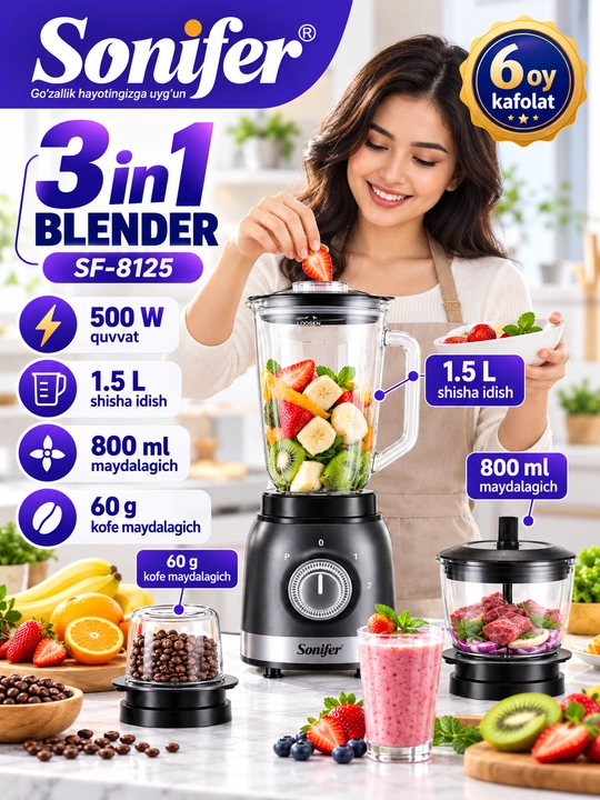 Sonifer SF-8125 3 в 1 стационарный блендер, стеклянной чашей, измельчителем и кофемолкой