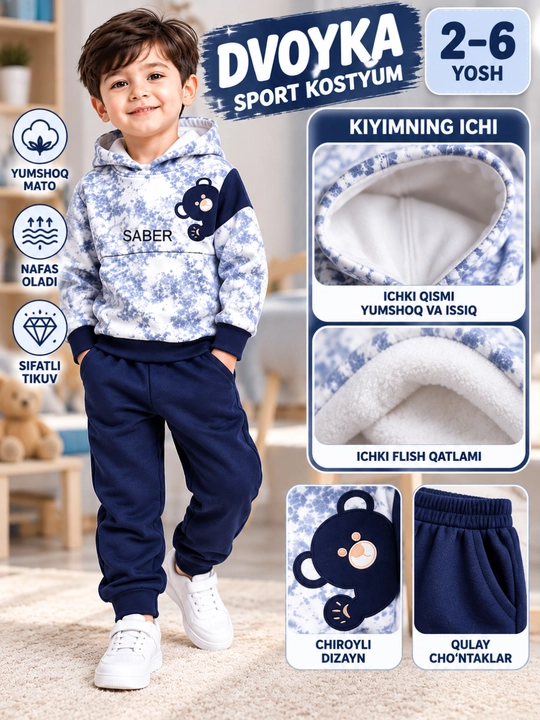 Детский спортивный костюм двойка с капюшоном и брюками, 2–6 лет - 