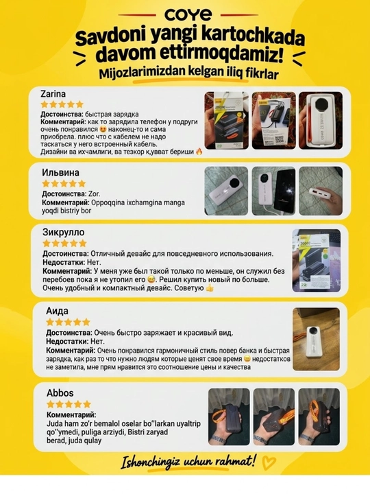 Tashqi akkumulyator PowerBank 20000–30000 mAh, 22.5W, tez zaryadlash, 2 ta ichki kabel b-n