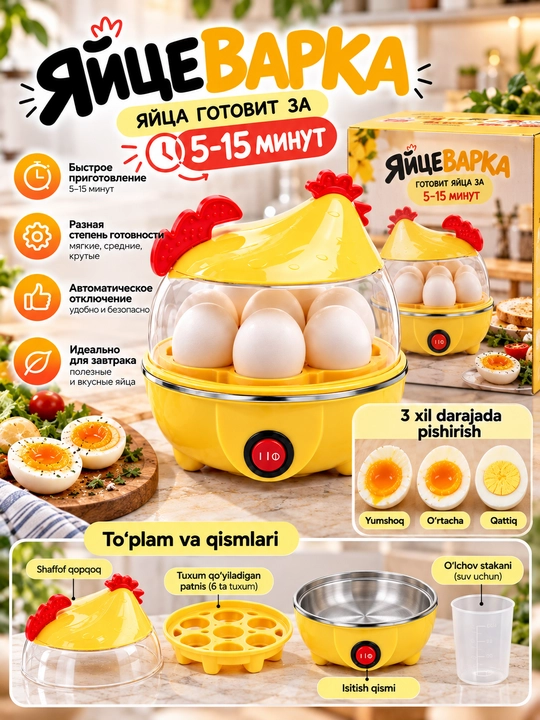 Ikki qavatli elektr tuxum pishirgich-bug‘ pishirgich, 500 Vt, avtomatik o‘chirish bilan