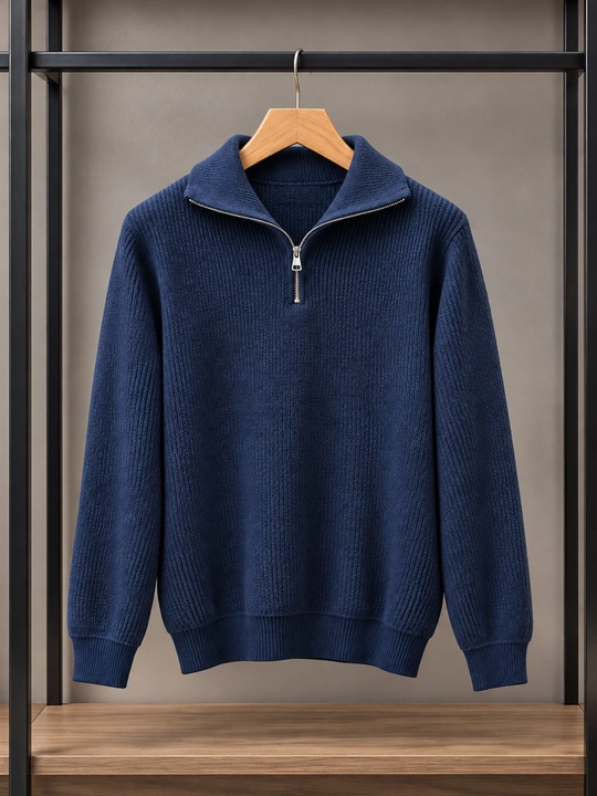 Мужской кардиган на молнии, тёмно-синий трикотажный свитер - 