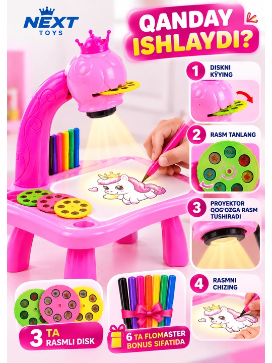 Bolalar uchun proyektorli rasm chizish stoli, 3+, marker va slaydlar bilan