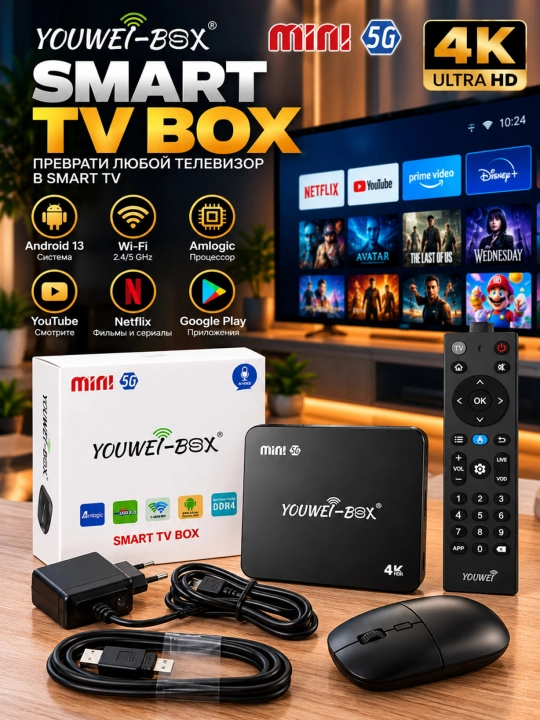 Android TV Box 4K, Panda 4000 Kanal, Smart TV Pristavka, 2/16 GB, Wi-Fi, YouTube, Netflix - 