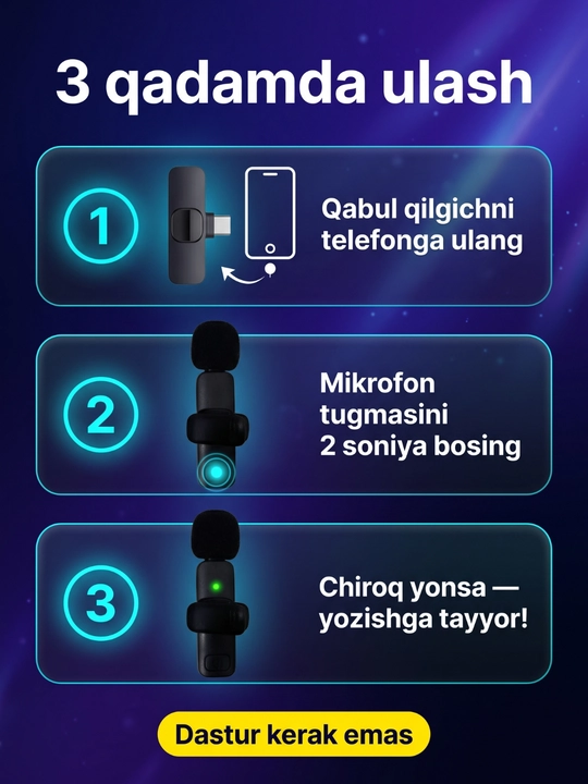 Simsiz petlichka mikrofon K9 telefon uchun, Type-C / Lightning, 1 yoki 2 dona, mini