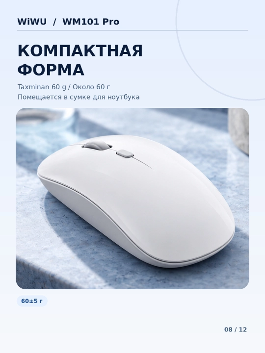 WiWU WM101 Pro simsiz sichqoncha, Bluetooth va 2.4 GHz, DPI sozlanadi, oq