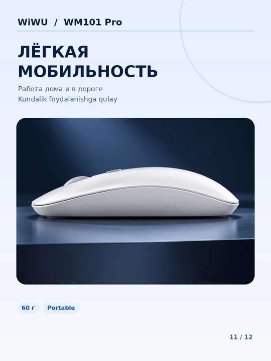 WiWU WM101 Pro simsiz sichqoncha, Bluetooth va 2.4 GHz, DPI sozlanadi, oq