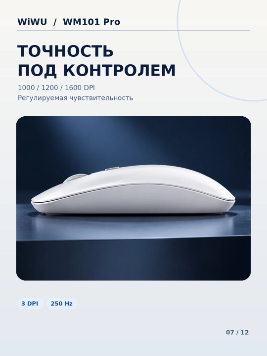 WiWU WM101 Pro simsiz sichqoncha, Bluetooth va 2.4 GHz, DPI sozlanadi, oq