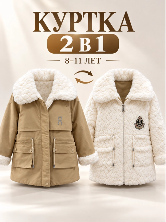 8-11 yoshli qizlar uchun 2 ta 1 da ikki tomonlama qishki kurtka