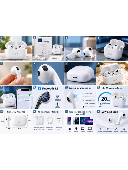 WiWU Airbuds 2 simsiz quloqchin, TWS Bluetooth, Type-C zaryadli, oq