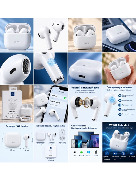 WiWU Airbuds 2 simsiz quloqchin, TWS Bluetooth, Type-C zaryadli, oq