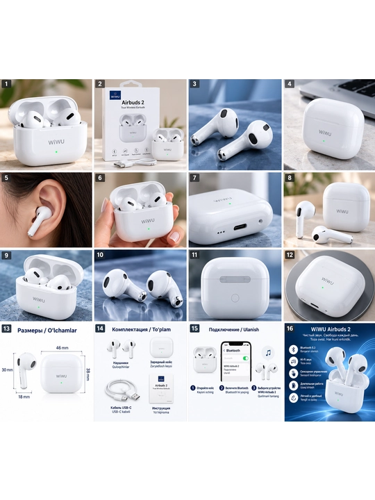 WiWU Airbuds 2 simsiz quloqchin, TWS Bluetooth, Type-C zaryadli, oq