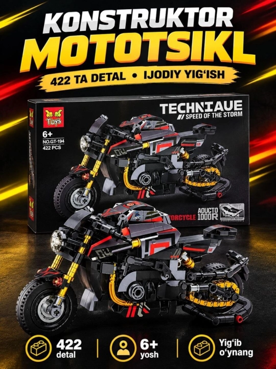 Mototsikl konstruktori Technic — 422 ta detal, yig‘iladigan sport mototsikli modeli, 6+ - 